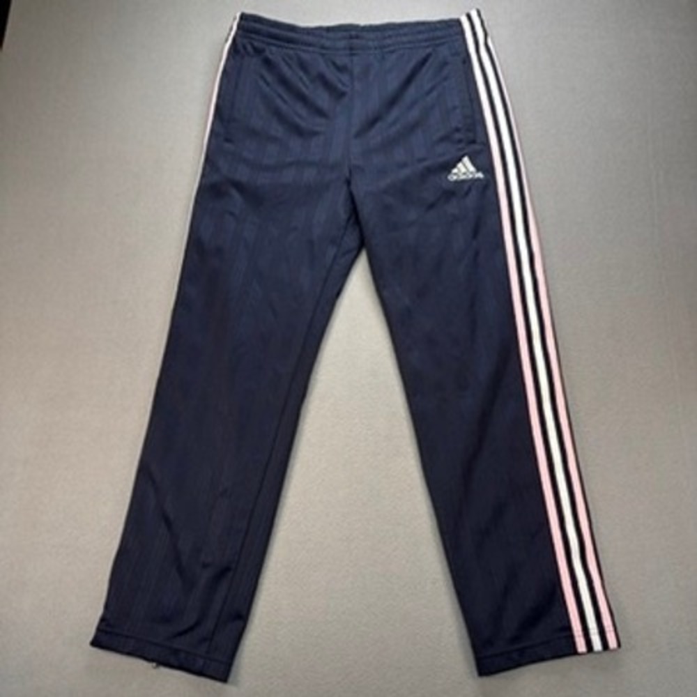 Adidas Track Pants Straight Leg S Navy Blue Pink Side Stripe Ankle Zip Athletic